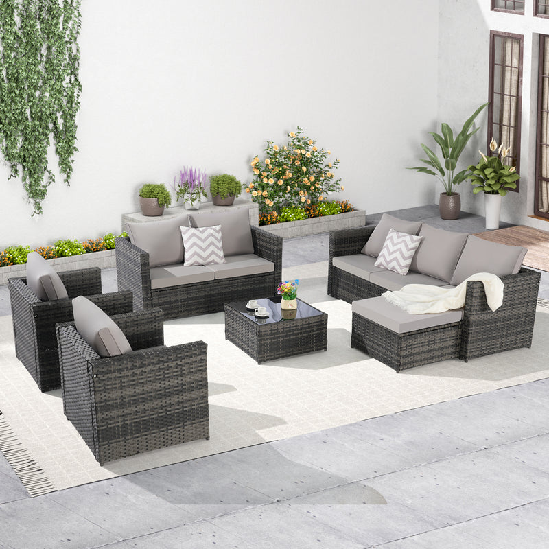 6 Piece Patio Furniture Set,Outdoor Wicker Rattan Sofa Conversation Set All Weather Patio Sectional Sofa Set with Glass Table, Cushions and Pillows for Garden, Backyard