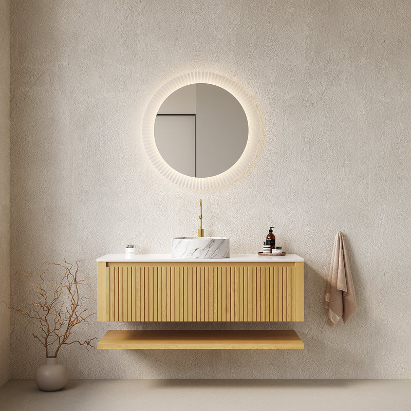 HIZON 48' Bathroom Vanity with Sink, Wall-Mounted Plywood Bathroom Storage Cabinet with Drawers and Open Shelf, Sintered Stone Countertop and Ceramic Basin, Pre-assembled, Corolla Oak Woodgrain Color