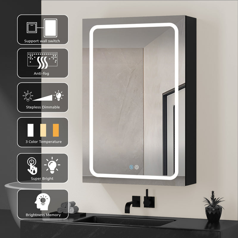 30x30 Inch LED Bathroom Medicine Cabinet Surface Mount Double Door Lighted Medicine Cabinet, Medicine Cabinets for Bathroom with Mirror Defogging Dimmer Black