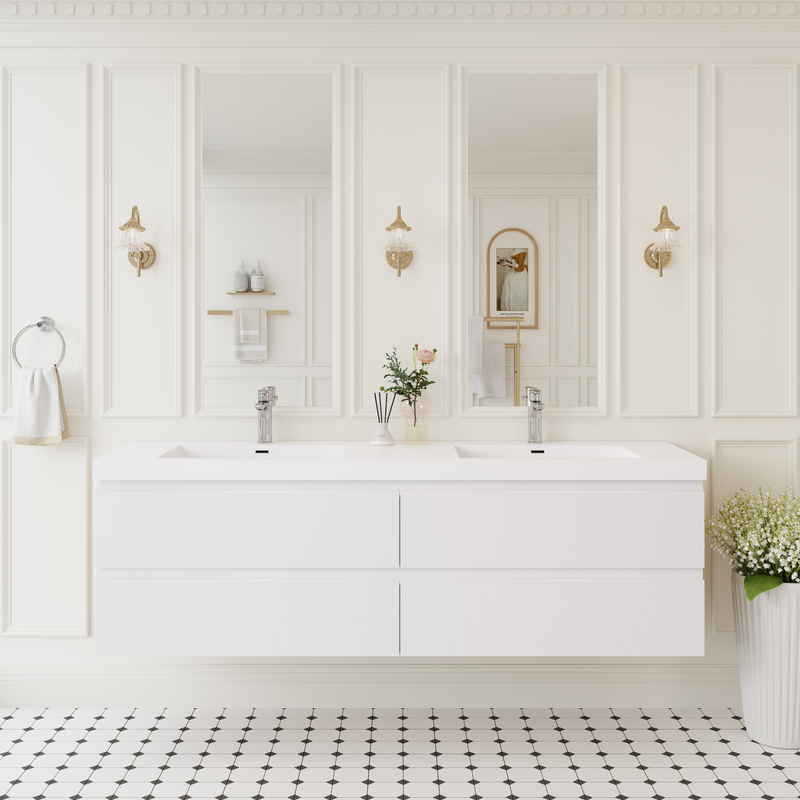72' Floating Bathroom Vanity with Sink, Modern Wall-Mounted Bathroom Storage Vanity Cabinet with 2 Resin Top Basin and 4 Soft Close Drawers, Glossy White 24V11-72GW