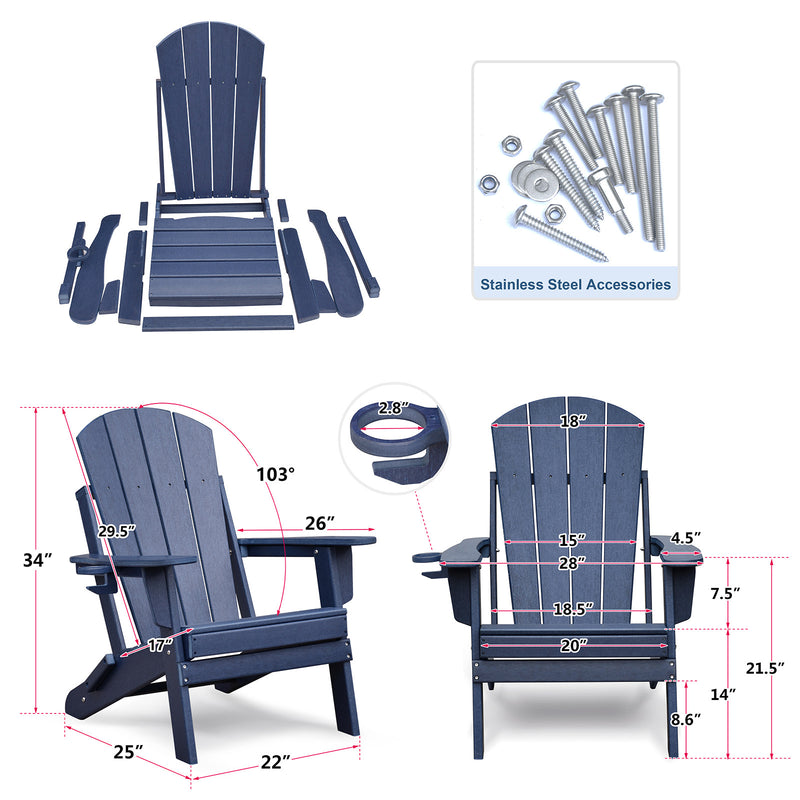 TIRAMISUBEST Folding Outdoor Adirondack Chair for Relaxing, HDPE All-weather Fire Pit Chair, Patio Lawn Chair for Outside Deck Garden Backyardf Balcony, Navy Blue