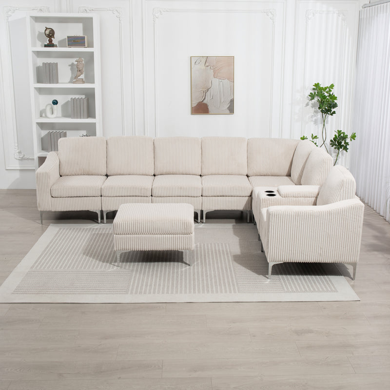 Convertible Sectional Corduroy  Sofa with Storage Ottoman,Cupholders, USB Ports for Living Room Apartment,Beige