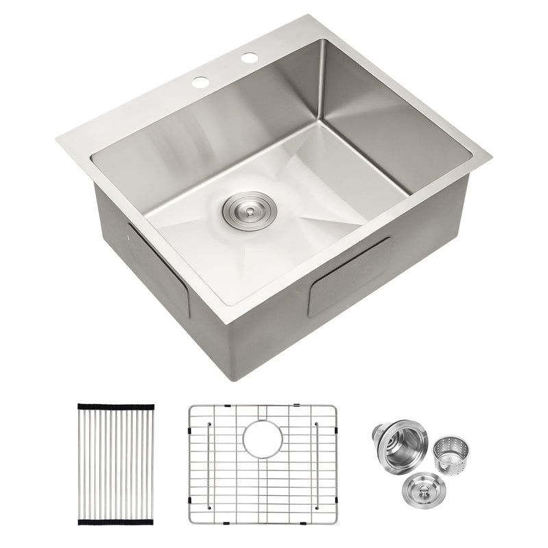 Stainless Steel Drop In Kitchen Sink - 25 Inch Drop-in Topmount Sinks 16 Gauge R10 Tight Radius Deep Single Bowl 25" Basin Sink