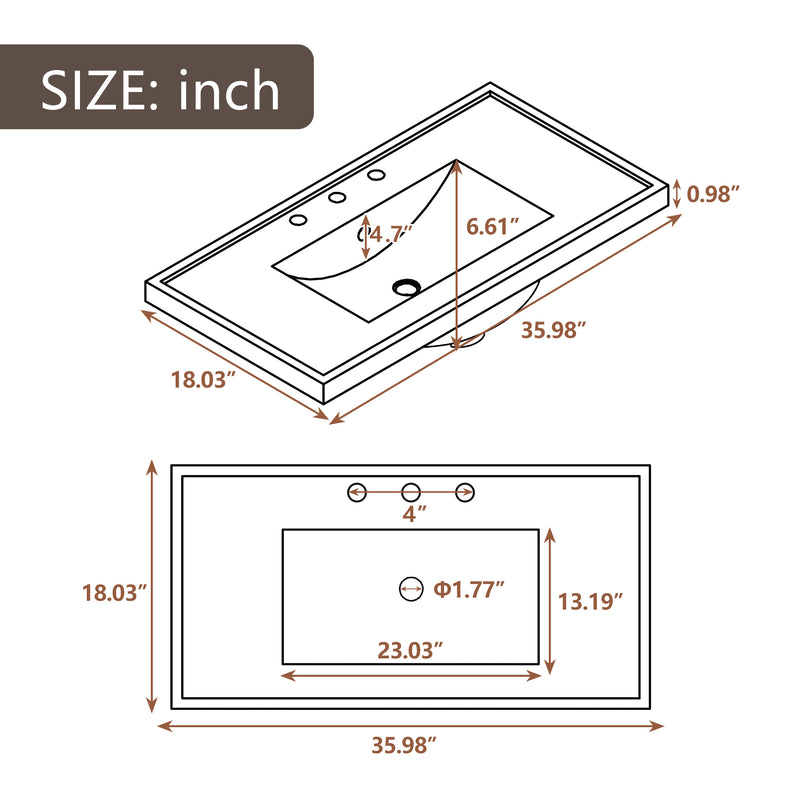 36" Bathroom Vanity with Ceramic Basin, Two Cabinets and Drawers, Open Shelf, Solid Wood Frame, Grey