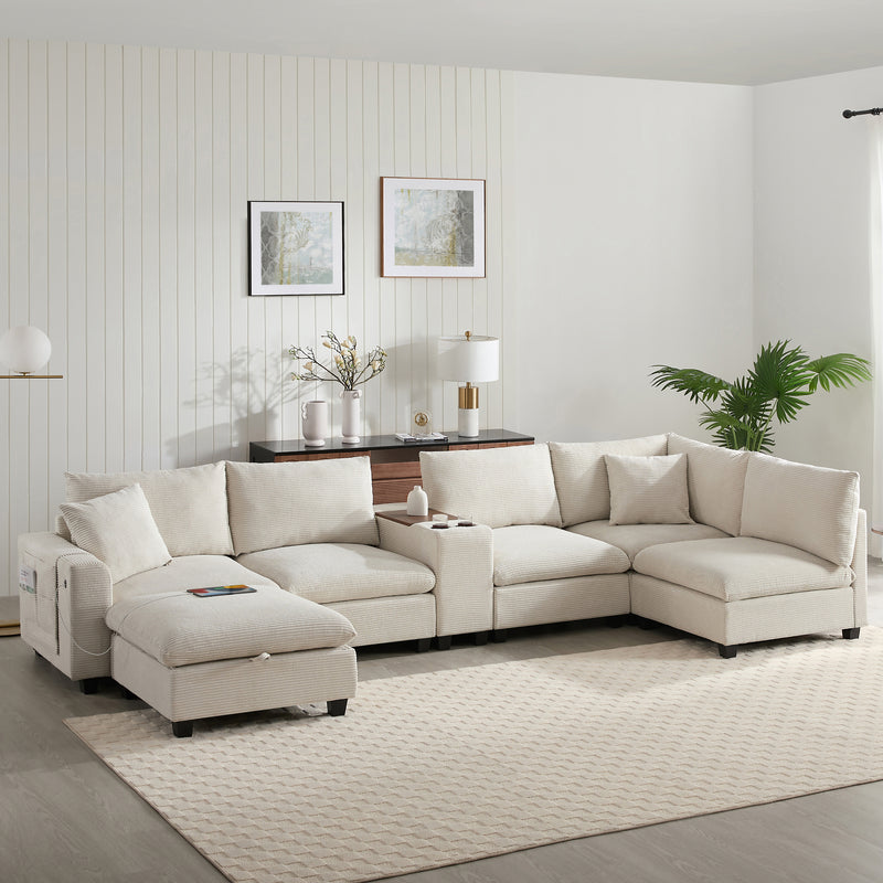 [VIDEO]140'' Oversized Modular Sectional Sofa with Movable Storage Ottoman and Console,Removable Storage Pockets,Cup Holder,Wide Seat,USB Charger,6 Seat U Shaped Corduroy Couch for Living Room,2 Color