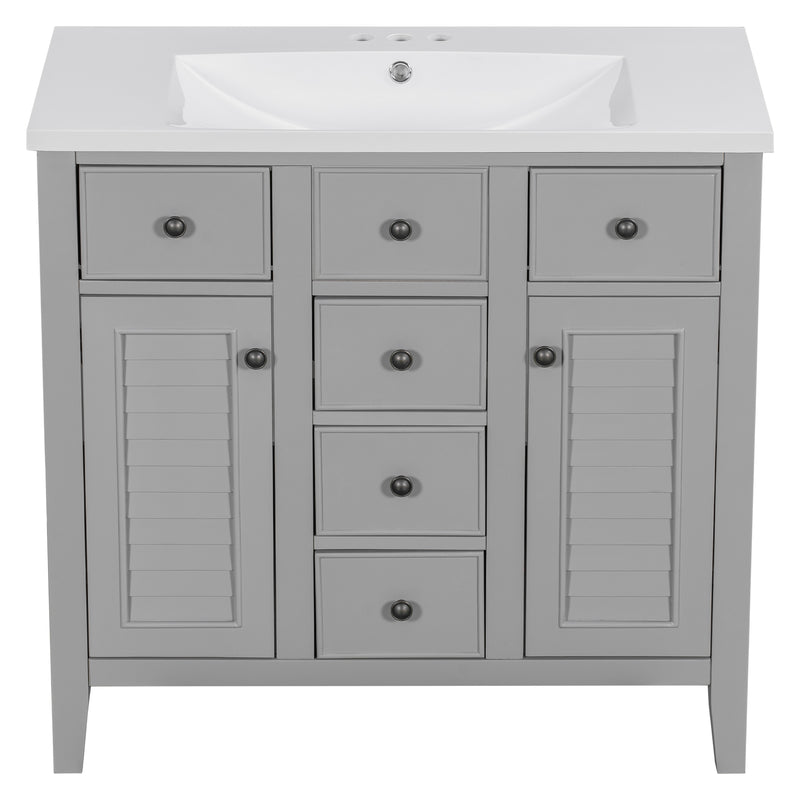 36" Bathroom Vanity with Ceramic Basin, Two Cabinets and Five Drawers, Solid Wood Frame, Grey