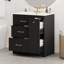 Classic 30' Black Bathroom Vanity Set, Floor Standing, with Three Drawers, One of Which is a Double-Layer Drawer, with Long Gold Handles - Perfect for Small Bathrooms