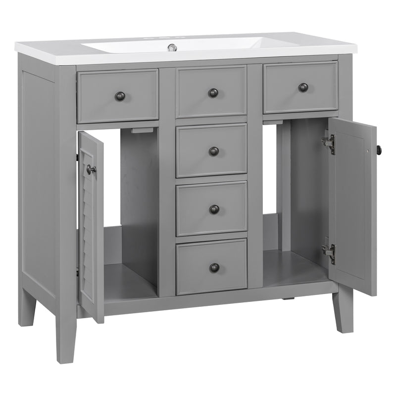 36" Bathroom Vanity with Ceramic Basin, Two Cabinets and Five Drawers, Solid Wood Frame, Grey