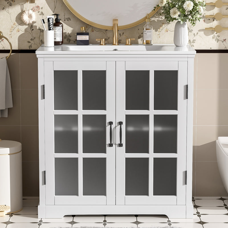30' Modern Bathroom Vanity with Ceramic Sink, Bathroom Vanity Cabinet with Tempered Blurred Glass and Matte Black Handles, Equipped with Large Storage Space and Rubber Wood Frame, White