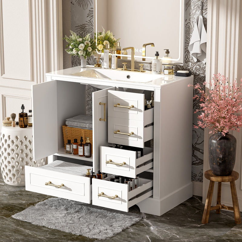 36' Traditional Bathroom Vanity with Ceramics Sink , White Bathroom Cabinet with Two Soft Close Doors and Four Drawers