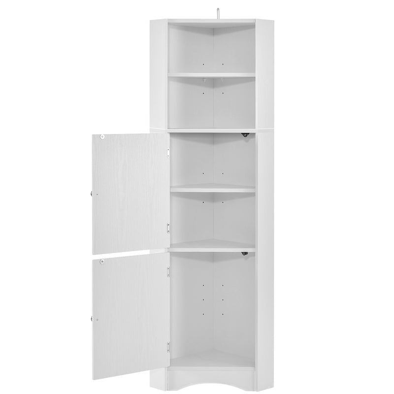 Tall Bathroom Corner Cabinet, Freestanding Storage Cabinet with Doors and Adjustable Shelves, MDF Board, White
