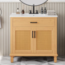 36' Rattan Bathroom Vanity with Ceramic Sink, Modern Bathroom Sink Cabinet with 2 Soft Close Doors and 3 Drawers, Free-standing Bathroom Vanity with Solid Wood Legs and Large Space Storage, Natural