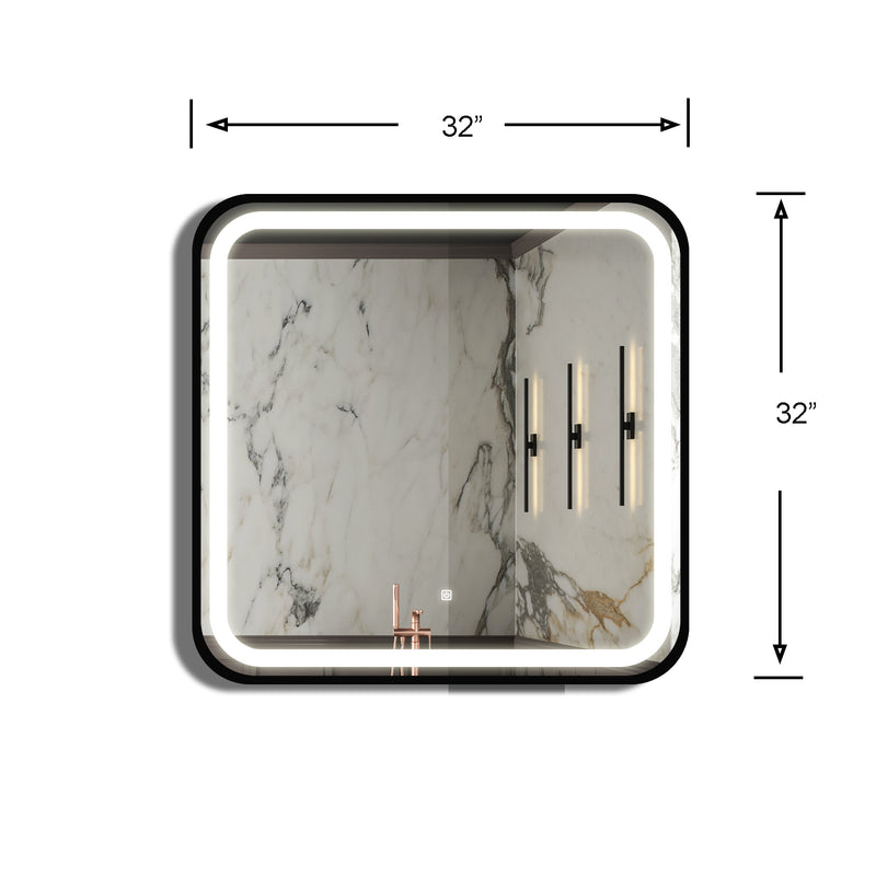 32*32 inch Bathroom Led Classy Vanity Mirror with High Lumen,Black metal frame,Dimmable Touch,Wall Switch Control, Anti-Fog ,CRI 95 Adjustable 3000K-4500K-6000K ,IP54 Waterproof Energy savin