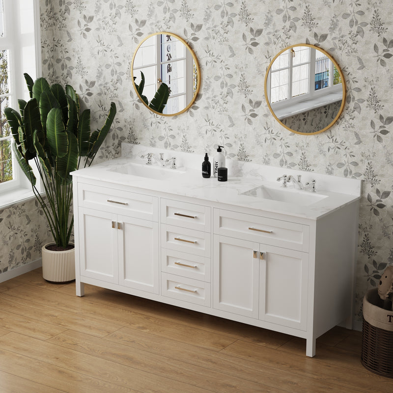Vanity Sink Combo featuring a Marble Countertop, Bathroom Sink Cabinet, and Home Decor Bathroom Vanities - Fully Assembled White 72-inch Vanity with Sink 23V03-72WH