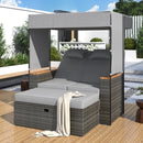 TREXM 2-Piece Outdoor Rattan Daybed, Outdoor Bed with 5 Positions, Outdoor Loveseat Patio Sofa with Bench Lounge Roof Set and Cushions for Poolside, Backyard and Garden (Grey Wicker + Grey Fabric)