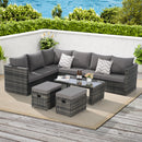 6 Piece Outdoor Patio Furniture Set, All Weather Wicker Rattan Outdoor Sofa Conversation Set with Glass Table, Cushions and Pillows, for Lawn, Garden, Backyard