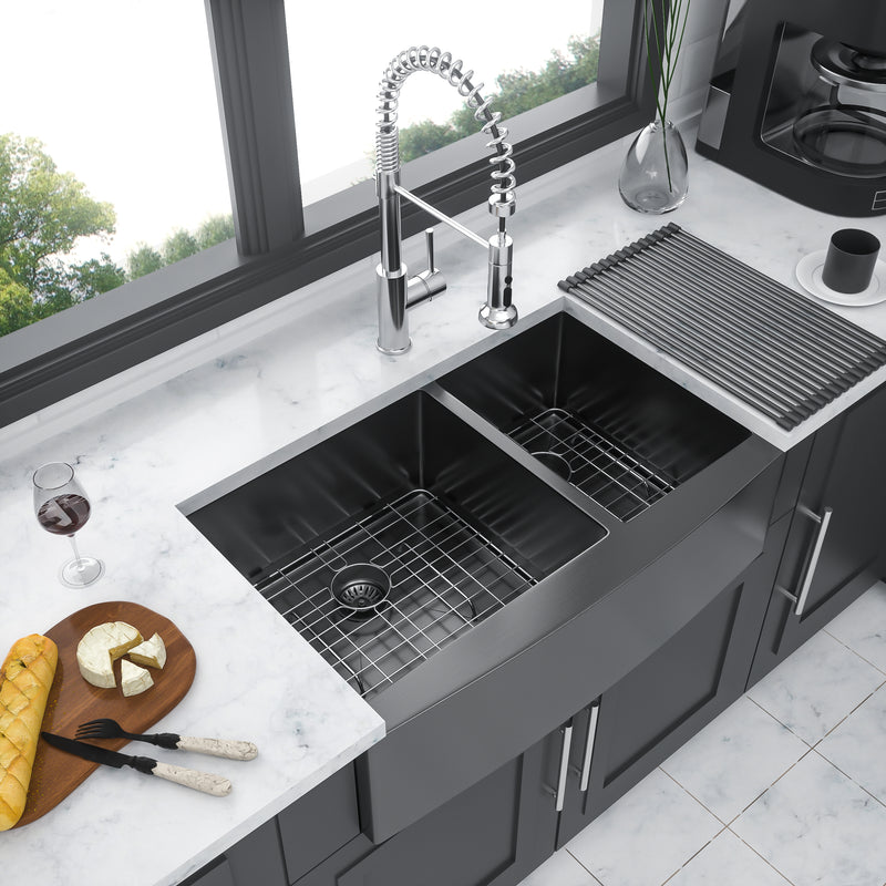 Gunmetal Black Double Bowl (60/40) Farmhouse Sink- 33"x21"x10"Stainless Steel Apron Front Kitchen Sink 16 Gauge with Two 10" Deep Basin