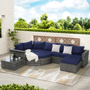 8 Piece Outdoor Patio Sofa Set, Sectional L- Shaped Patio Furniture Wicker Patio Conversation Set with Curved Sofa  Ottoman & Glass Top Table for Backyard Poolside