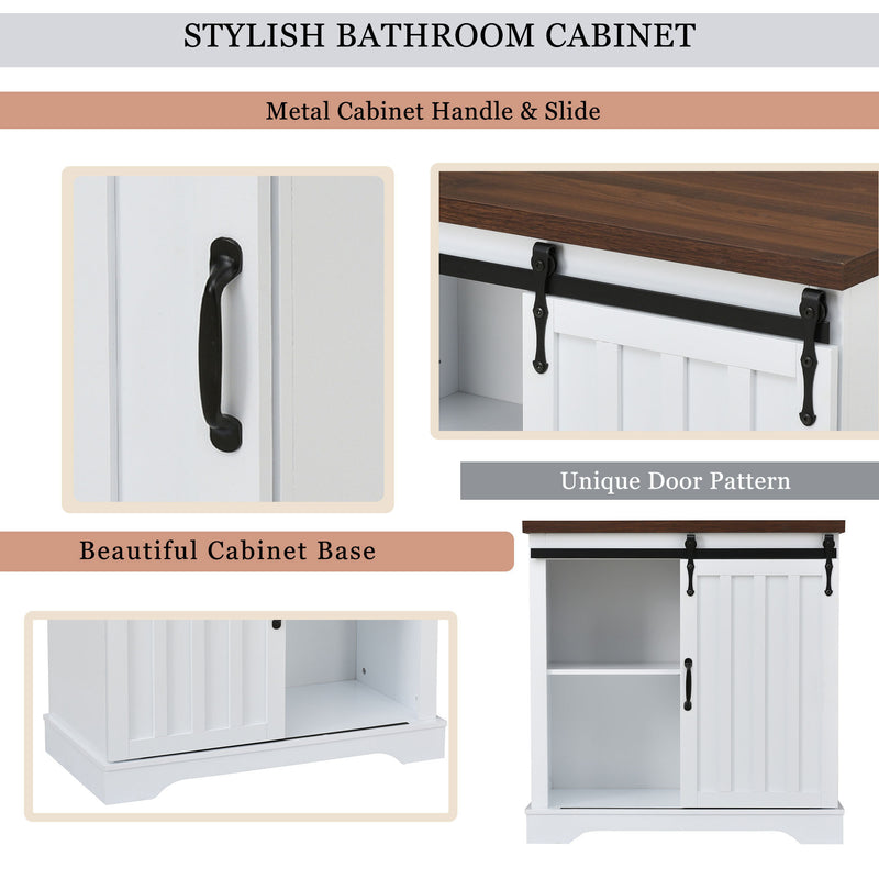 Bathroom Storage Cabinet, Freestanding Accent Cabinet, Sliding Barn Door, Thick Top, Adjustable Shelf, White and Brown