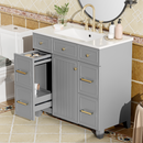 36' Bathroom Vanity with Ceramic Sink, Grey, Solid Wood Frame, Soft Close Doors, Adjustable Shelves, 3 Drawers, Including Double-Depth Drawer for Hairdryer Storage(Old sku:SV000003AAL-1)