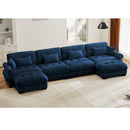 U Shaped Sectional Sofa Cloud Couch with Movable Ottomans,Convertible Deep 4 Seater Modern Velvet Comfy Upholstered Corner Couch with Blostered Armrests, Waist Pillow and Throw Pillows,Blue