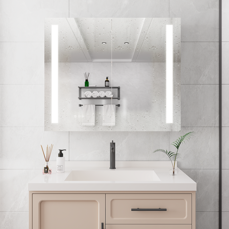 36 x 30 inch Medicine Cabinet with LED Vanity Mirror, Anti-Fog, Dimmable, Recessed or Surface Mount, Aluminum 3000K~6000K Lighted Double Door Bathroom Cabinet with Touch Switch