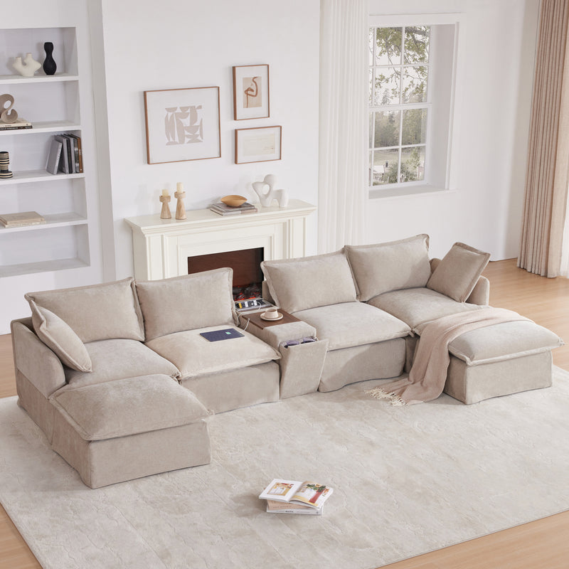 [VIDEO+NEW]131'' Modular Sectional Sofa with Movable Ottoman and Console,Cup Holder,Wide Seat,6 Seat U Shaped Couch,Oversized Chenille Sofa with USB Charger for Living Room,Apartment,2 Colors