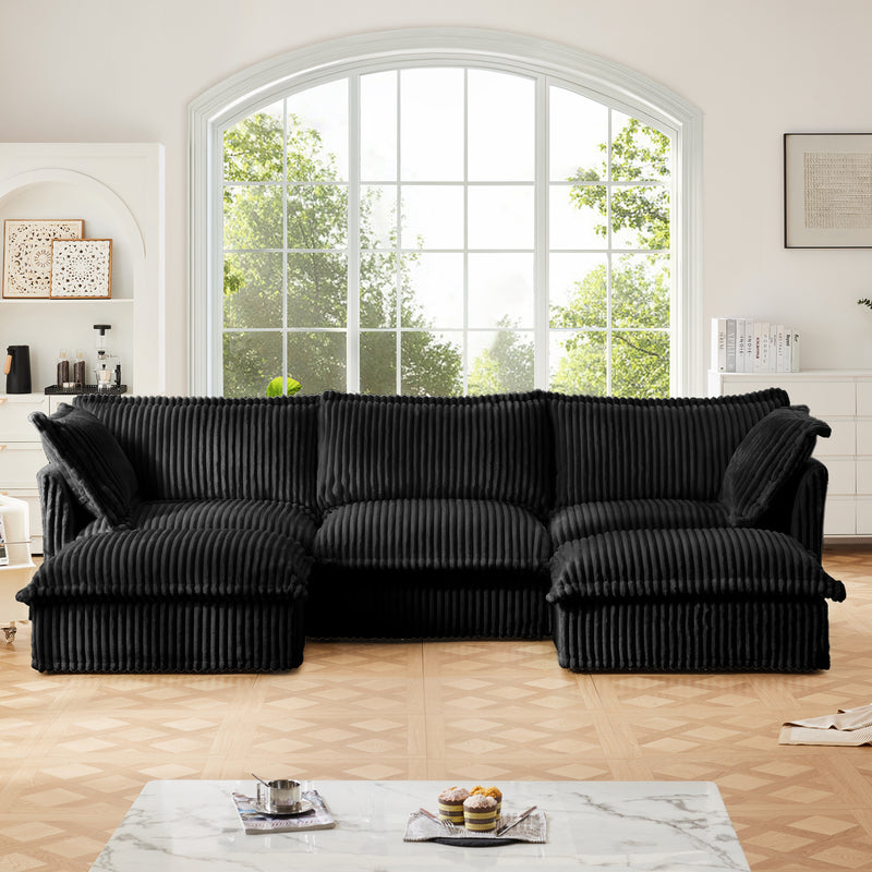 Slipcovered U Shape Sectional Deep Seat Sofa Couch, 3 Seater Sofa with French Edges Design Multiple Big Pillows, Modular Deep Seat Sectional Sofa Comfy Cloud Couch for Living Room, Apartment, Black