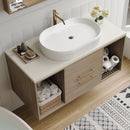 Modern 38.2 Wall-Mounted Bathroom Vanity with Oval Ceramic Sink Floating Vanity Multi-Layer Solid Wood Cabinet Soft-Close Drawers Open Shelf Storage