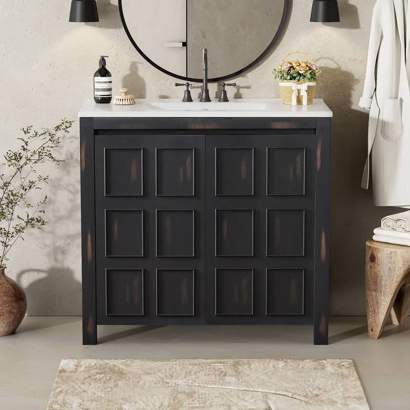 36 ' Bathroom Vanity Organizer with Ceramic Sink, Set Bathroom Storage Cabinet, Vintage Espresso(Old SKU:SV000004AAE-2)