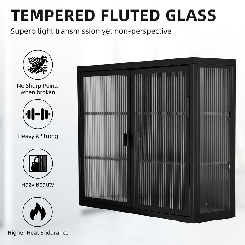 Retro Style Haze Double Glass Door Wall Cabinet With Detachable Shelves for Office, Dining Room,Living Room, Kitchen and Bathroom Black