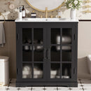 30' Modern Bathroom Vanity with Ceramic Sink, Bathroom Vanity Cabinet with Tempered Blurred Glass and Matte Black Handles, Equipped with Large Storage Space and Rubber Wood Frame, Black