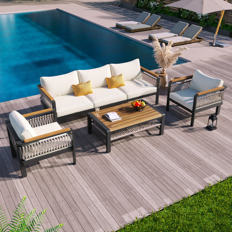 4 Pieces Outdoor Sectional Sofa Set 5-person Patio Seating Group Outdoor Conversation Set with Cushions and a Coffee Table for Patios, Gardens, or Balcony, Beige