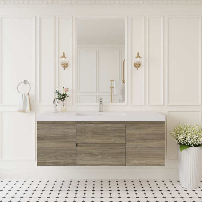 60' Floating Bathroom Vanity with Sink, Modern Wall-Mounted Bathroom Storage Vanity Cabinet with Resin Top Basin and Soft Close Drawers, Ash Grey 24V11-60SAG