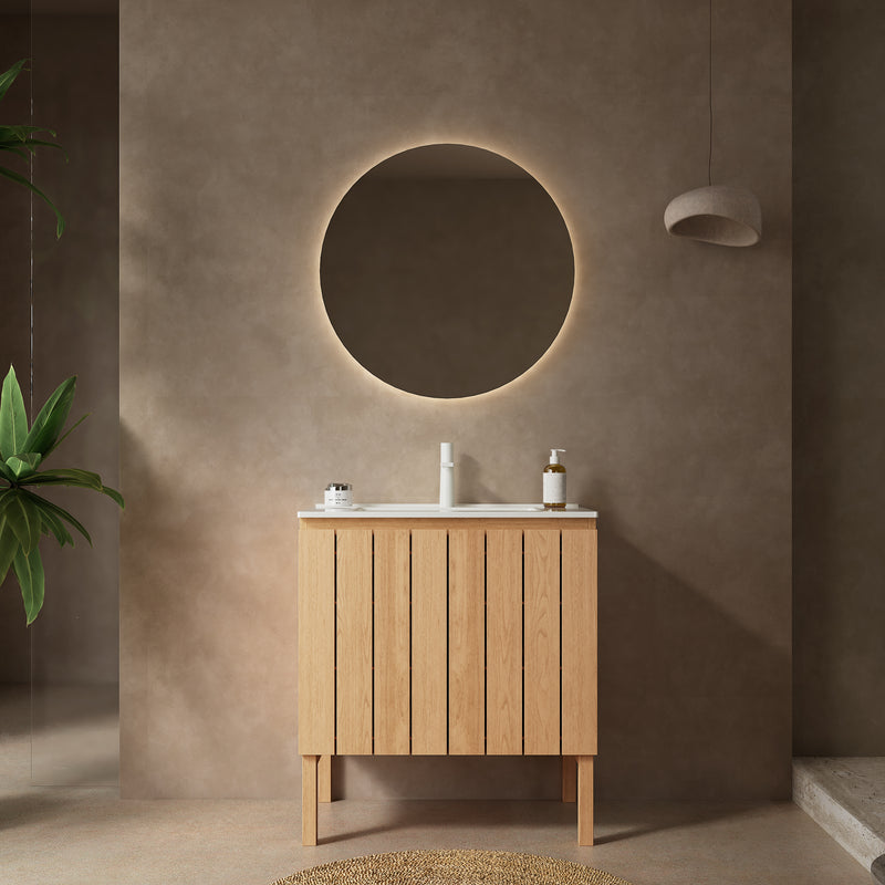 NIKO 30' Bathroom Vanity with Sink, Modern Freestanding Bathroom Storage Cabinet with Double Doors, White Ceramic Basin without Faucet, Natural Wood Woodgrain Color