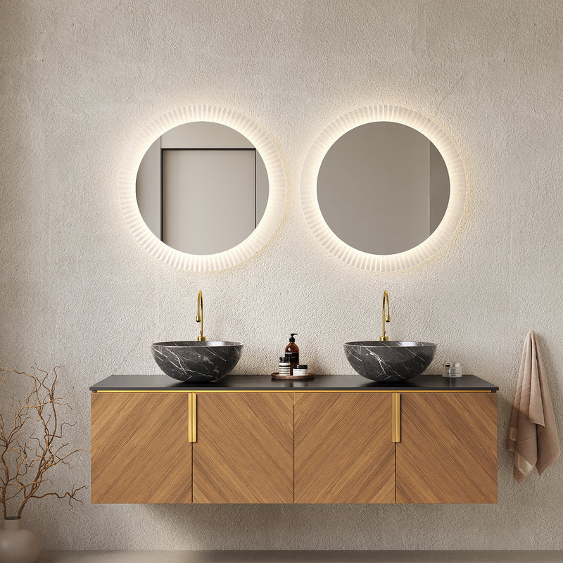 ARAI 60' Bathroom Vanity with Sink, Modern Wall-Mounted Plywood Bathroom Storage Cabinet with 4 Doors, Black Sintered Stone Countertop and 2 Black Bowl Ceramic Basins, Espresso Woodgrain Color