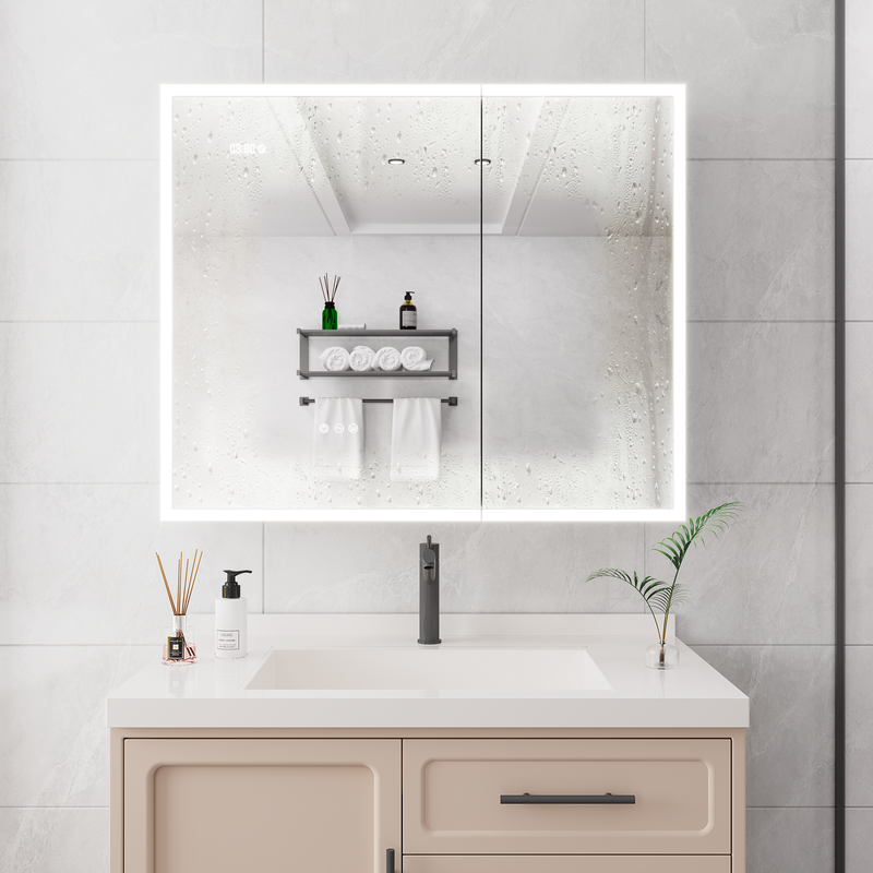 Bathroom Medicine Cabinet with Lights, 36×30 Inch LED Medicine Cabinet with Mirror, Double Door Lighted Medicine Cabinet with Defogger, Dimmer, Clock & Temp Display, 2 Outlets & USB Ports