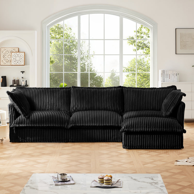 L-Shaped Slipcovered Sectional Sofa Couch, Comfy Deep Seat Cloud Couch with Convertible Ottoman & 2 Big Pillows, Modern Oversized 3 Seater Slipcovered Sofa Set for Living Room Office, Black Corduroy