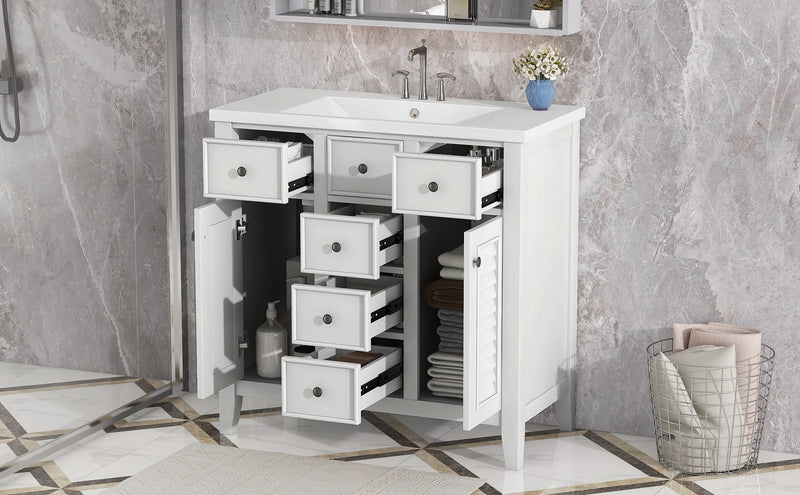 36" Bathroom Vanity with Ceramic Basin, Two Cabinets and Five Drawers, Solid Wood Frame, White