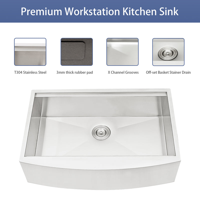 36 Farmhouse Sink Workstation - 36*21*9 Inch Kitchen Sink Stainless Steel 18 gauge Apron Front Kitchen Sink