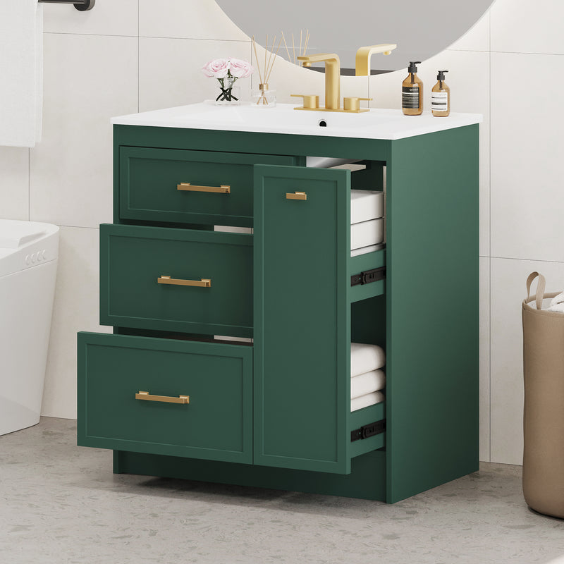 Classic 30' Forest Green Bathroom Vanity Set, Floor Standing, with Three Drawers, One of Which is a Double-Layer Drawer, with Long Gold Handles - Perfect for Small Bathrooms
