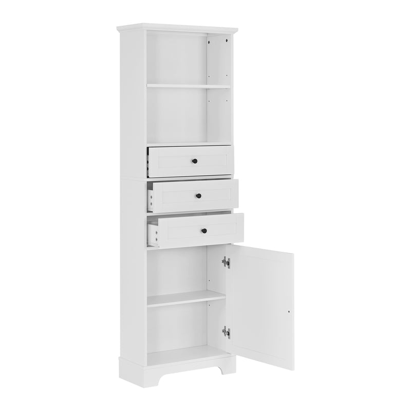 White Tall Storage Cabinet with 3 Drawers and Adjustable Shelves for Bathroom, Kitchen and Living Room, MDF Board with Painted Finish