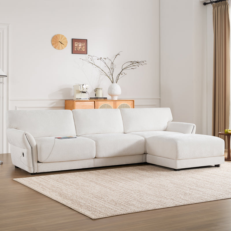 [VIDEO]110' Modular Sectional Sofa, L-Shape with Extra-Wide Seat Cushion, USB and Type-C Charger, Petal Armrest Design, High Density Foam, Free Movement Ottoman, Wood Frame, Chenille, 4 Seat, 3 Colors