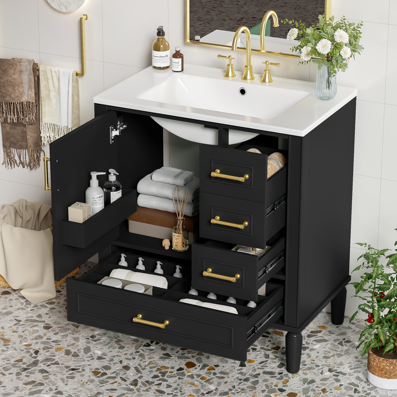 Traditional 30' Black Bathroom Vanity Set, Floor Standing, with Three Drawers, Soft Close Doors, with Long Gold Metal Handles - Perfect for Small Bathrooms