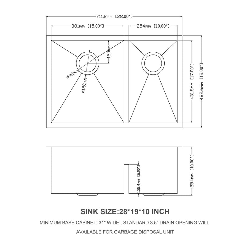 Double Bowl(60/40) Undermount Sink- 28"x19" Double Bowl Kitchen Sink 16 Gauge with Two 10" Deep Basin