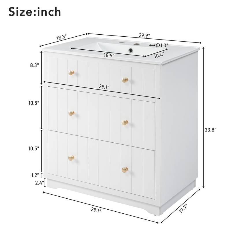 [Video]30-Inch Modern White Bathroom Vanity Cabinet with two drawers