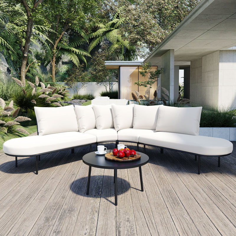 GO Patio Half- Moon Curved Outdoor Furniture Sofa Set with Coffee Table, All Weather Iron Frame Outdoor Indoor Conversation Set for 6 People, Padded Seats and Backrest Cushions for Garden, Beige