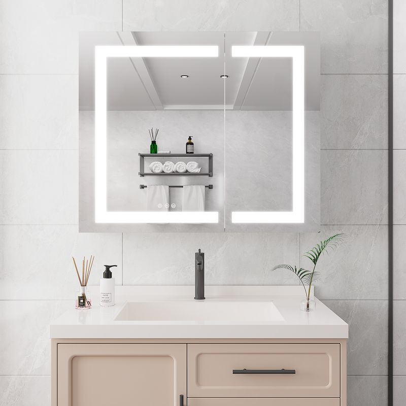 36x30 inch Medicine Cabinet with LED Vanity Mirror, Anti-Fog Recessed or Surface Mount Bathroom Double Door Large Storage 3000K~6000K Bright Lighted Aluminum Storage Cabinet with Touch Switch