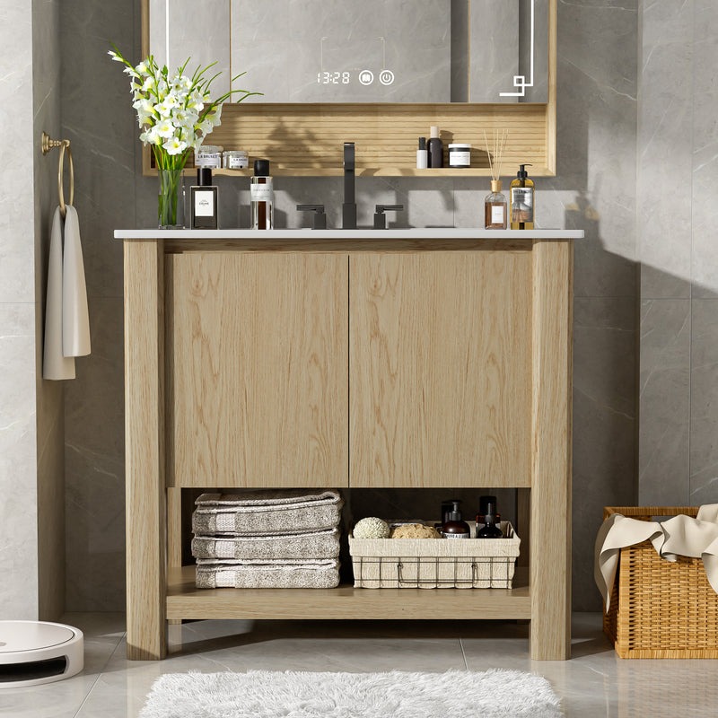 36' Modern Bathroom Vanity with Rectangle Ceramic Sink, Bathroom Cabinet with Large storage space and 45 Degrees Free-Handle Design Soft-Closing Doors, 1 Open Shelf at the Bottom, Natural