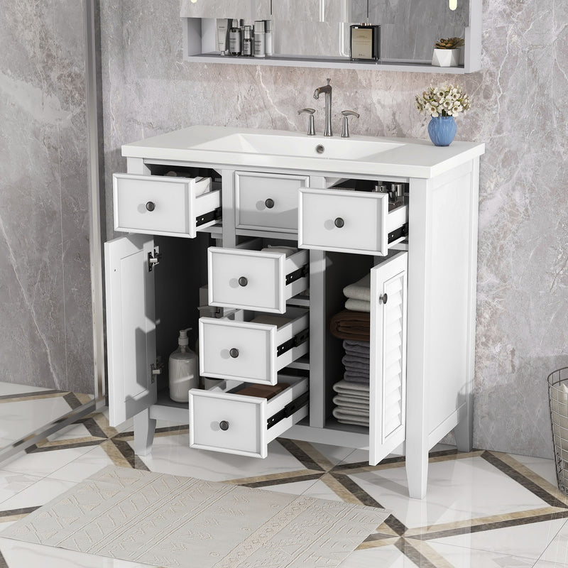 36" Bathroom Vanity with Ceramic Basin, Two Cabinets and Five Drawers, Solid Wood Frame, White